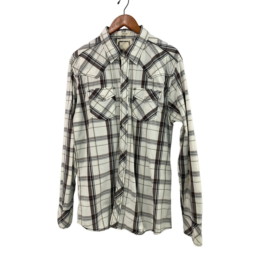 BKE Pearl Snap White Black Gray Western Long Sleeve Dress Shirt Size Large‎